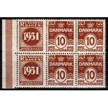 REKLAME. 10 øre brun Rundskue 1931 i 6-blok. Postfrisk. AFA 1.100 kr.